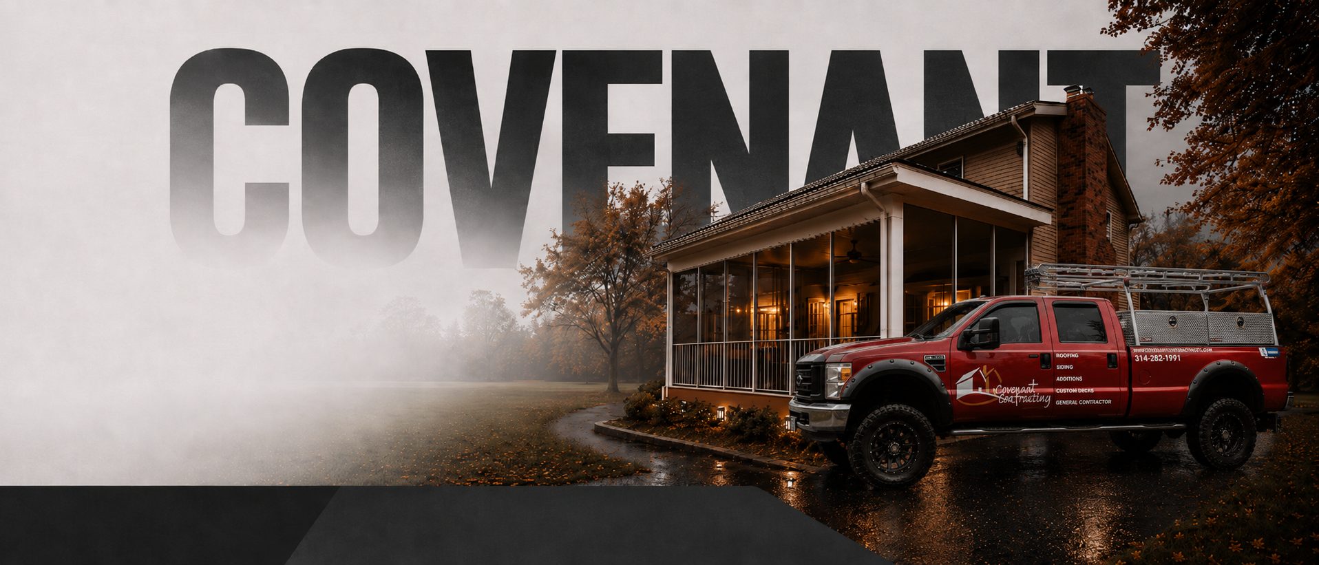 Covenant Contracting truck outside a St. Louis home at dusk